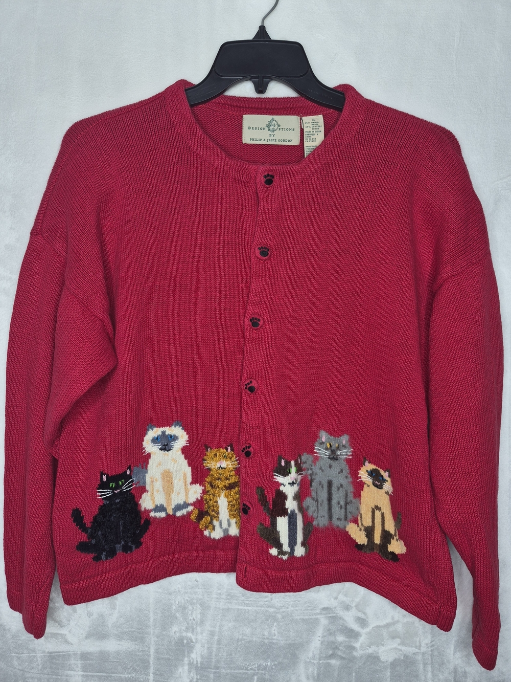 Vintage Design Options Cat Kitten Textured Cardigan Sweater Red Womens XL